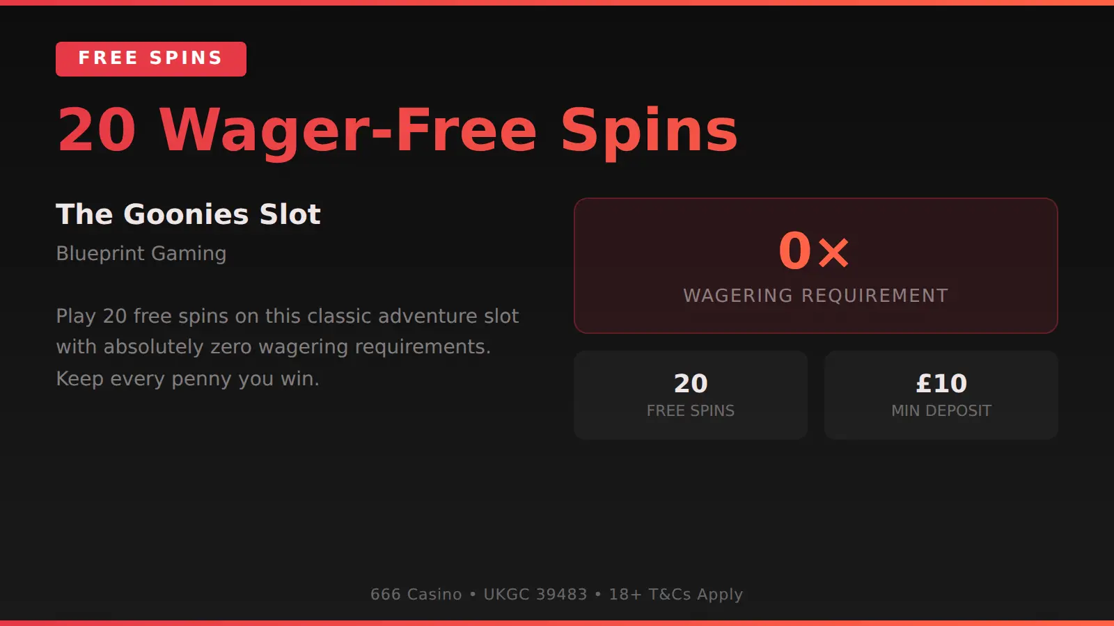 666 Casino 20 wager-free spins offer on The Goonies Quest for Treasure 2